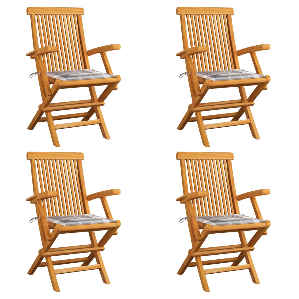 Gartenstühle Graue Karomuster-Kissen 4 Stk. Massivholz Teak