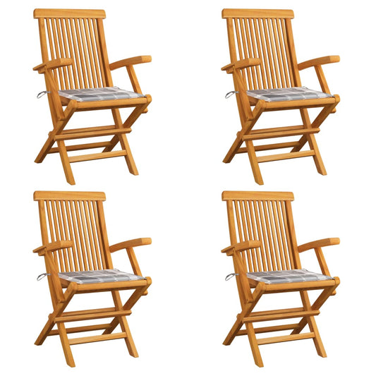 Gartenstühle Graue Karomuster-Kissen 4 Stk. Massivholz Teak