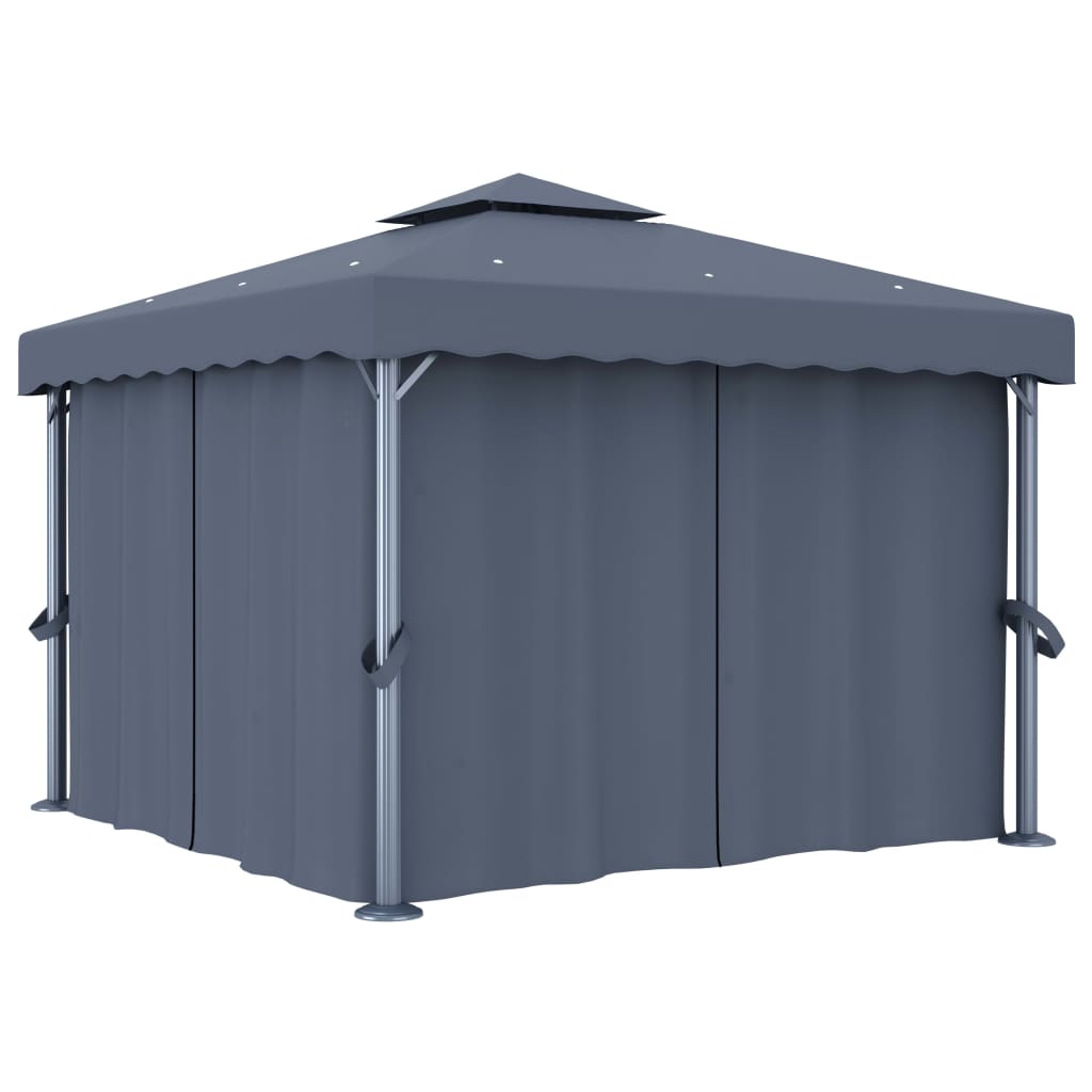 Pavillon mit Vorhängen & LED-Lichterkette 3x3 m Anthrazit