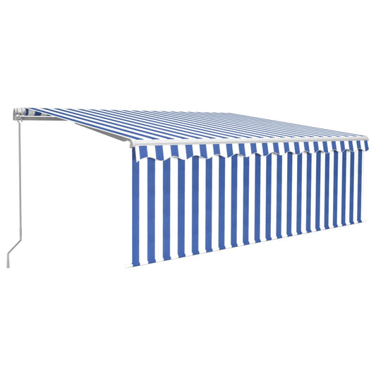Markise Manuell Einziehbar mit Rollo & LED 4,5x3 m Blau & Weiß