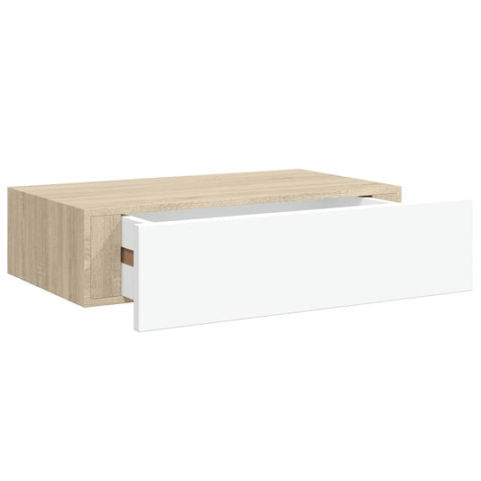 Wandregal mit Schublade Eichen-Optik und Weiß 40x23,5x10 cm MDF
