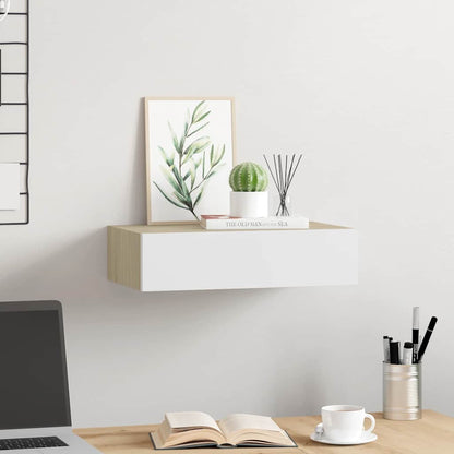 Wandregal mit Schublade Eichen-Optik und Weiß 40x23,5x10 cm MDF