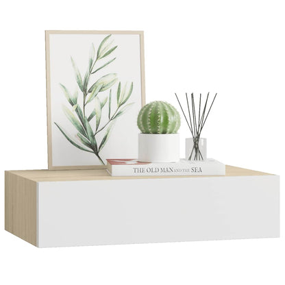 Wandregal mit Schublade Eichen-Optik und Weiß 40x23,5x10 cm MDF