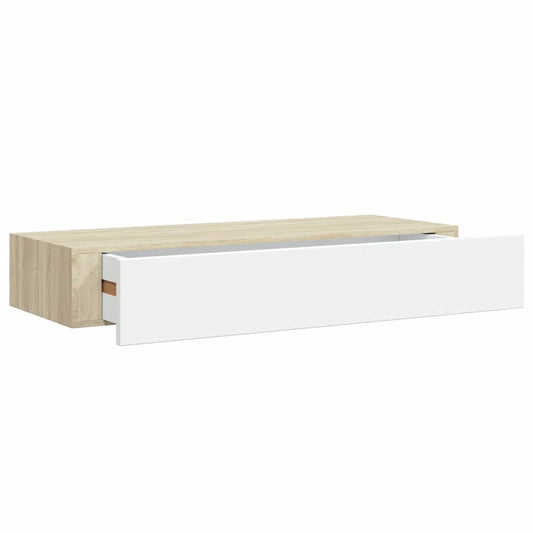 Wandregal mit Schublade Eichen-Optik und Weiß 60x23,5x10 cm MDF