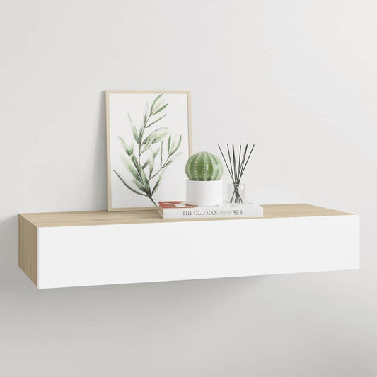 Wandregal mit Schublade Eichen-Optik und Weiß 60x23,5x10 cm MDF