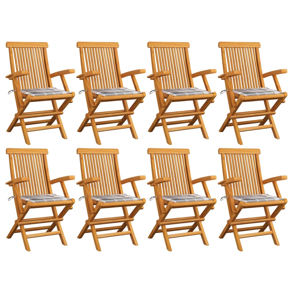 Gartenstühle Graue Karomuster-Kissen 8 Stk. Massivholz Teak