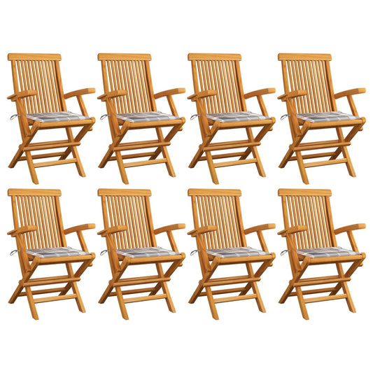 Gartenstühle Graue Karomuster-Kissen 8 Stk. Massivholz Teak