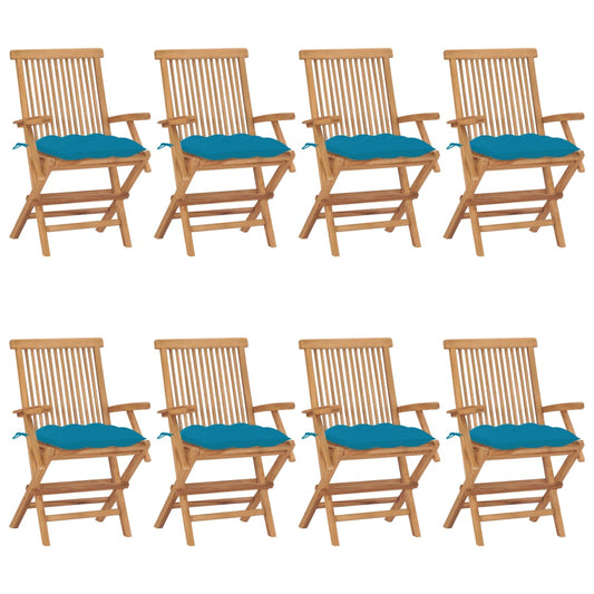 Gartenstühle mit Hellblauen Kissen 8 Stk. Massivholz Teak