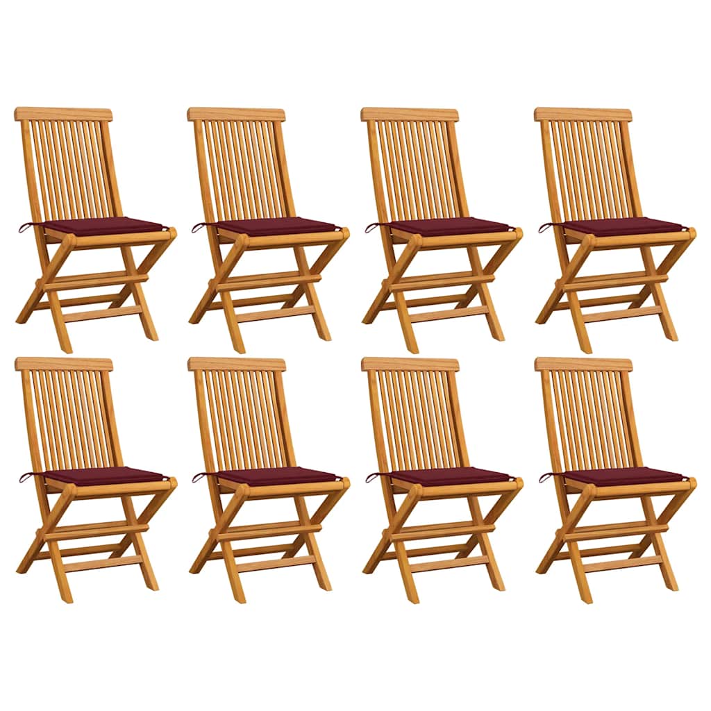 Gartenstühle mit Weinroten Kissen 8 Stk. Massivholz Teak