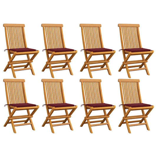 Gartenstühle mit Weinroten Kissen 8 Stk. Massivholz Teak