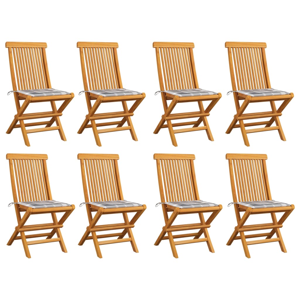 Gartenstühle Graue Karomuster-Kissen 8 Stk. Massivholz Teak