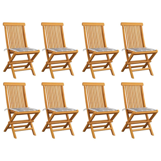 Gartenstühle Graue Karomuster-Kissen 8 Stk. Massivholz Teak
