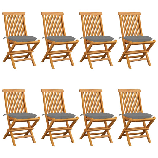 Gartenstühle mit Grauen Kissen 8 Stk. Massivholz Teak