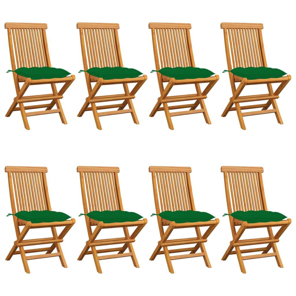 Gartenstühle mit Grünen Kissen 8 Stk. Massivholz Teak