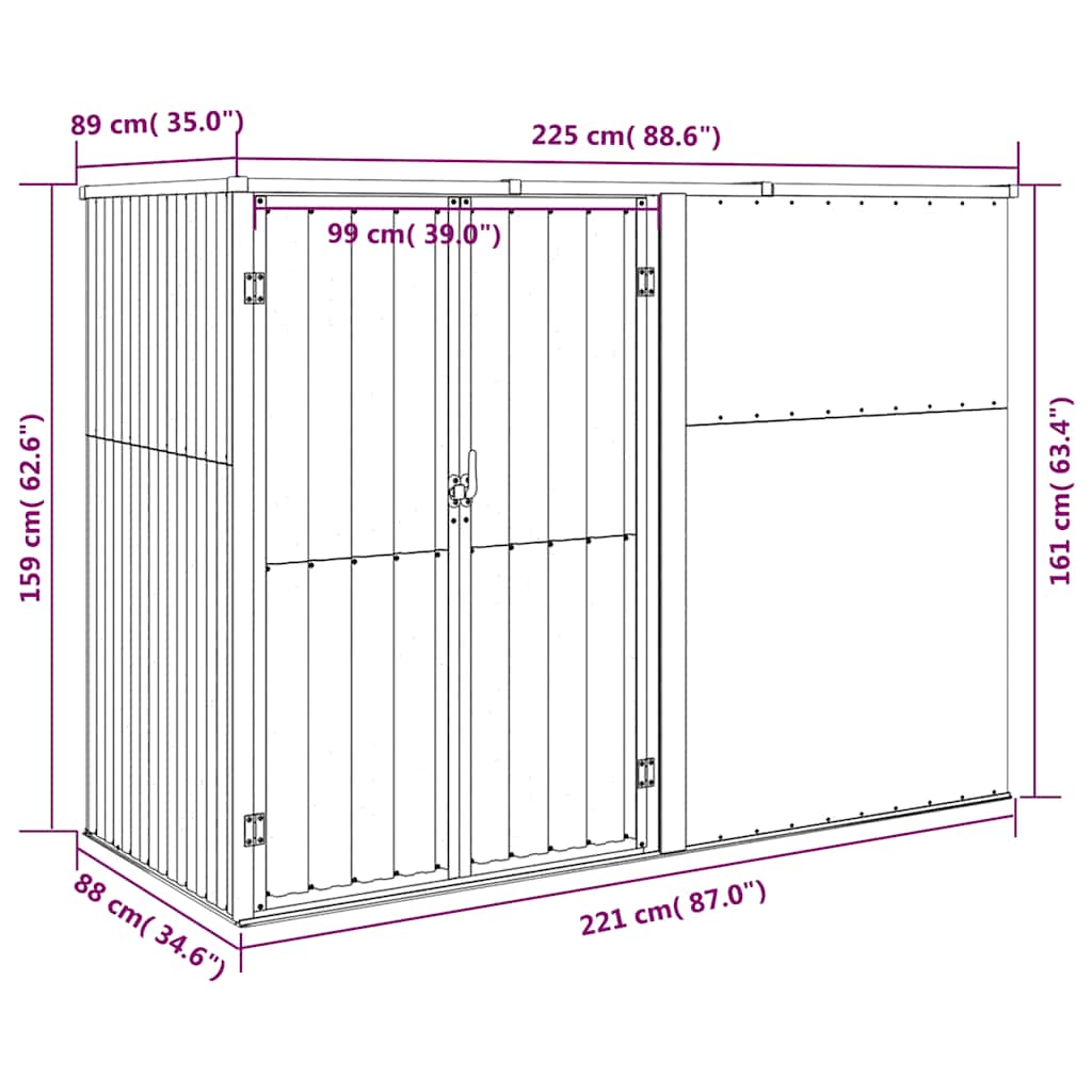 Gerätehaus Grau 225x89x161 cm Verzinkter Stahl