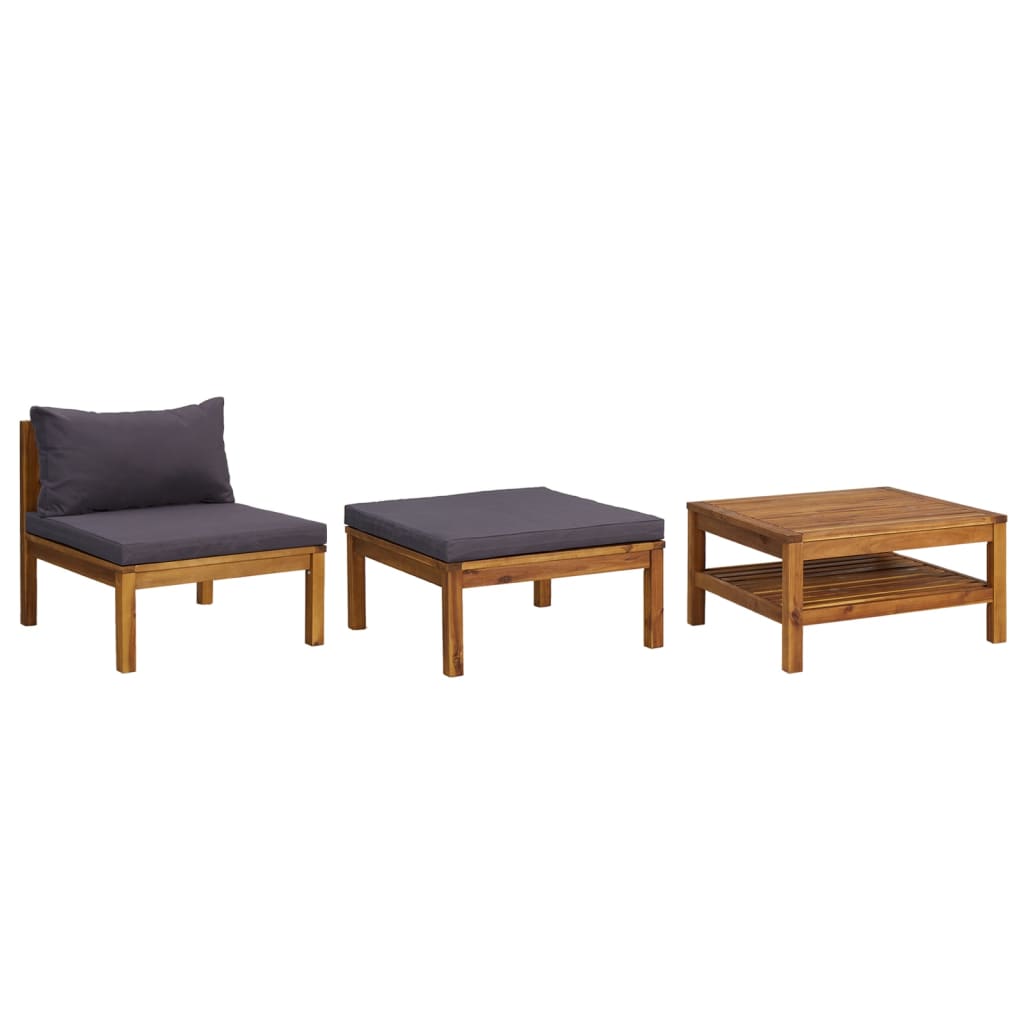3-tlg. Garten-Lounge-Set mit Dunkelgrauen Kissen Akazienholz