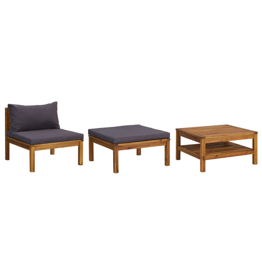 3-tlg. Garten-Lounge-Set mit Dunkelgrauen Kissen Akazienholz