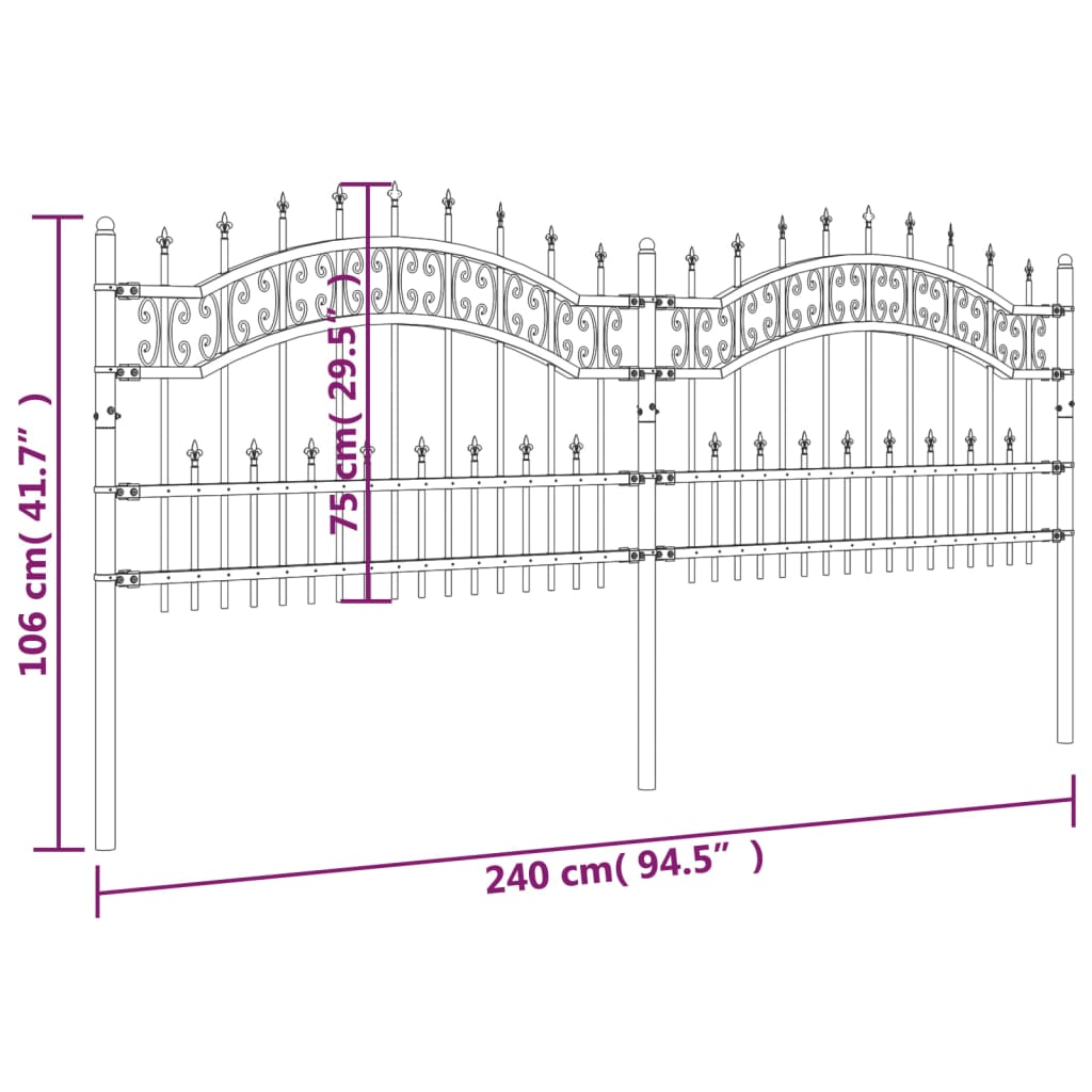 Gartenzaun mit Speerspitze Schwarz 240 x 75 cm Pulverbeschichteter Stahl