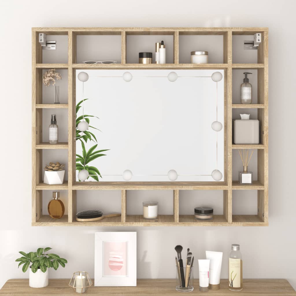Spejlskab med LED Sonoma Eg 91x15x76,5 cm