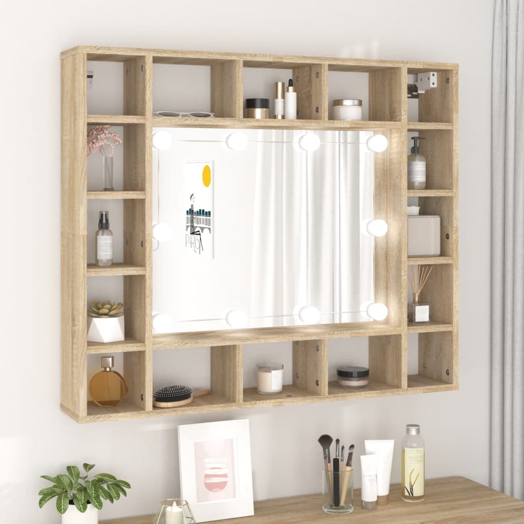 Spejlskab med LED Sonoma Eg 91x15x76,5 cm