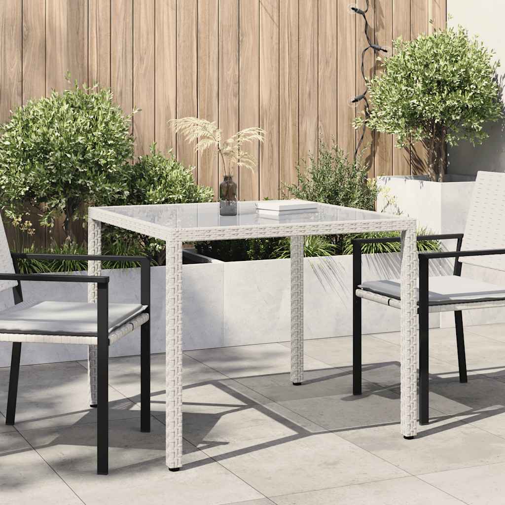 Gartentisch 90x90x75 cm Gehärtetes Glas Poly Rattan Weiß