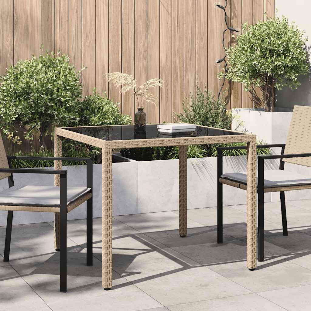 Gartentisch 90x90x75 cm Gehärtetes Glas Poly Rattan Beige