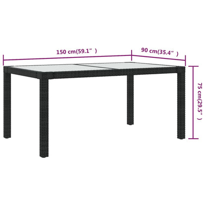 Gartentisch 150x90x75 cm Gehärtetes Glas Poly Rattan Schwarz