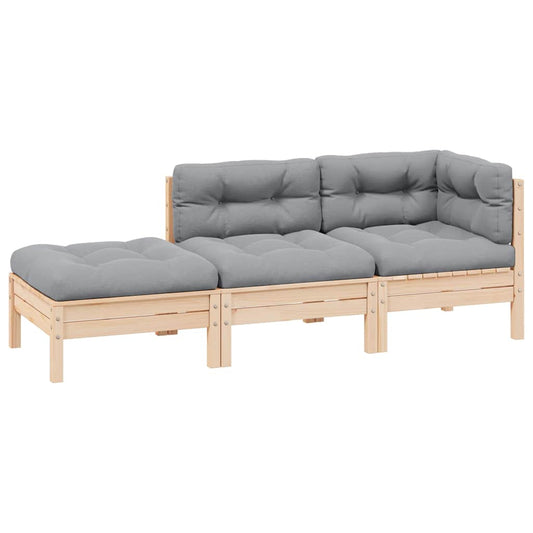 3-tlg. Garten-Lounge-Set mit Grauen Kissen Kiefer Massivholz