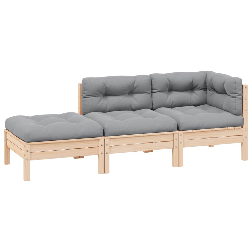 3-tlg. Garten-Lounge-Set mit Grauen Kissen Kiefer Massivholz