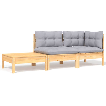 3-tlg. Garten-Lounge-Set mit Grauen Kissen Kiefer Massivholz