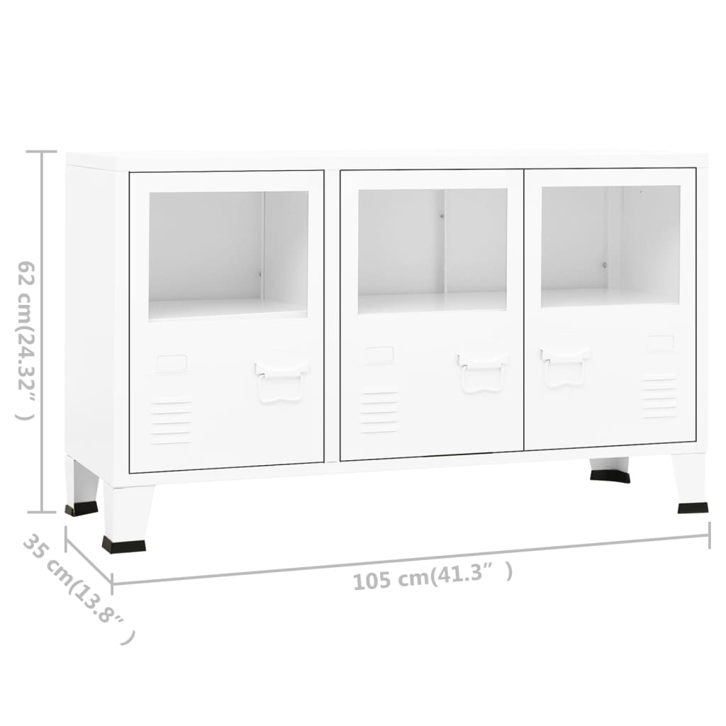 Industriel skænk Hvid 105x35x62 cm Metal og glas