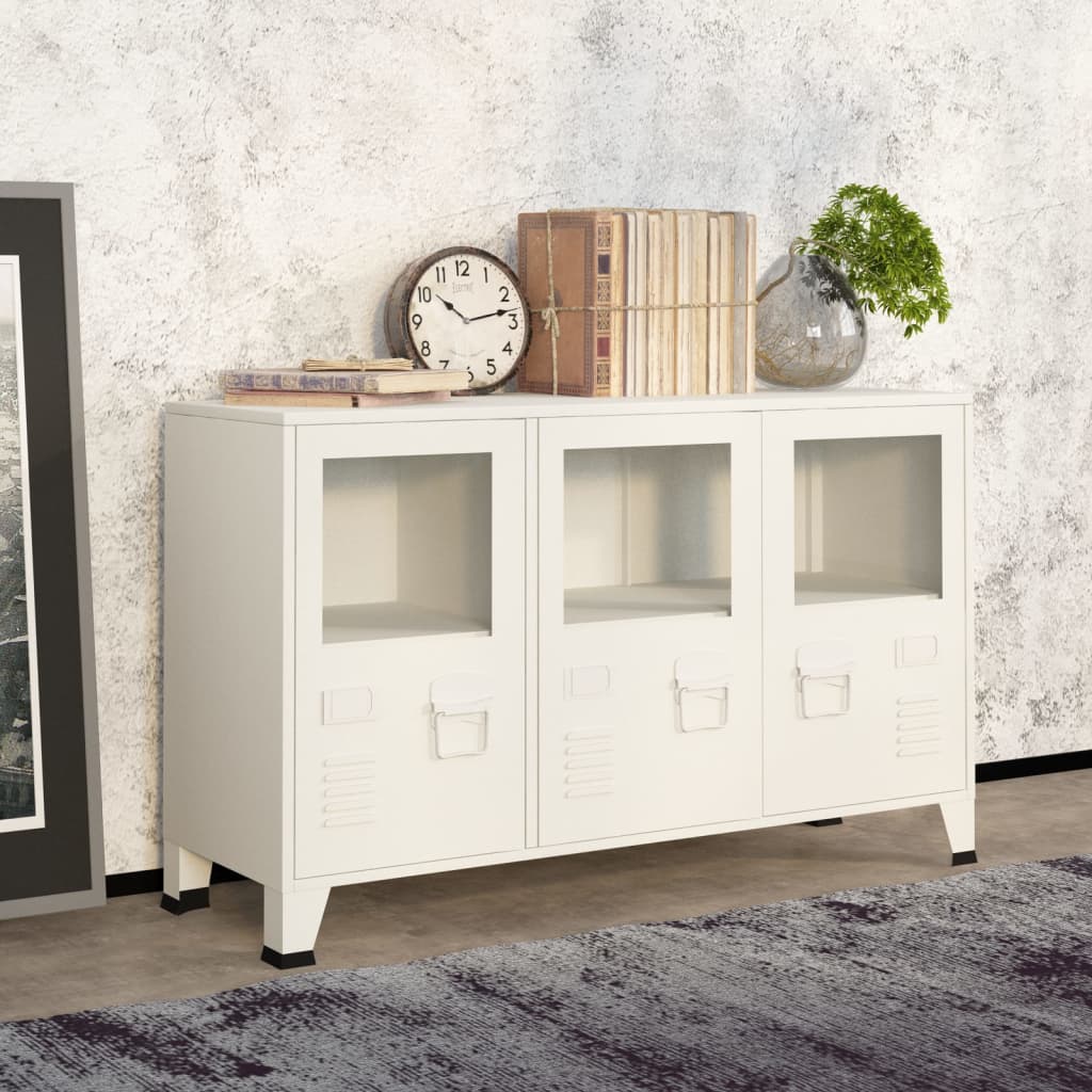 Industriel skænk Hvid 105x35x62 cm Metal og glas