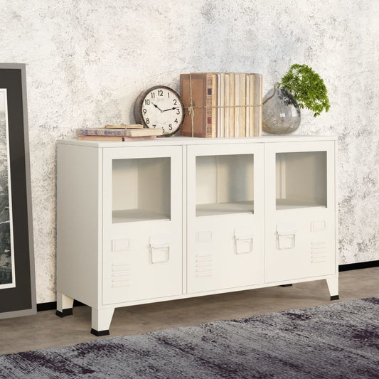 Industriel skænk Hvid 105x35x62 cm Metal og glas