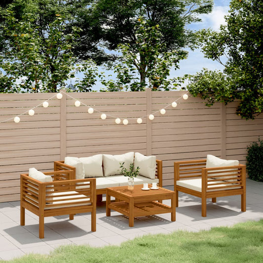 5-tlg. Garten-Lounge-Set mit Creme Kissen Massivholz Akazie