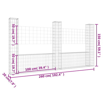 Gabionenkorb U-Form mit 3 Säulen Eisen 260x20x150 cm