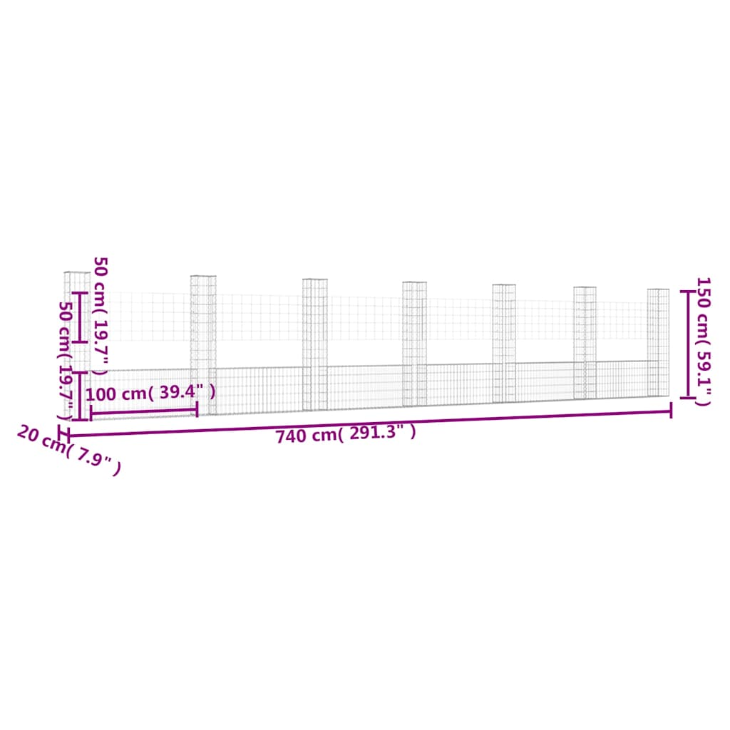 Gabionenkorb U-Form mit 7 Säulen Eisen 740x20x150 cm