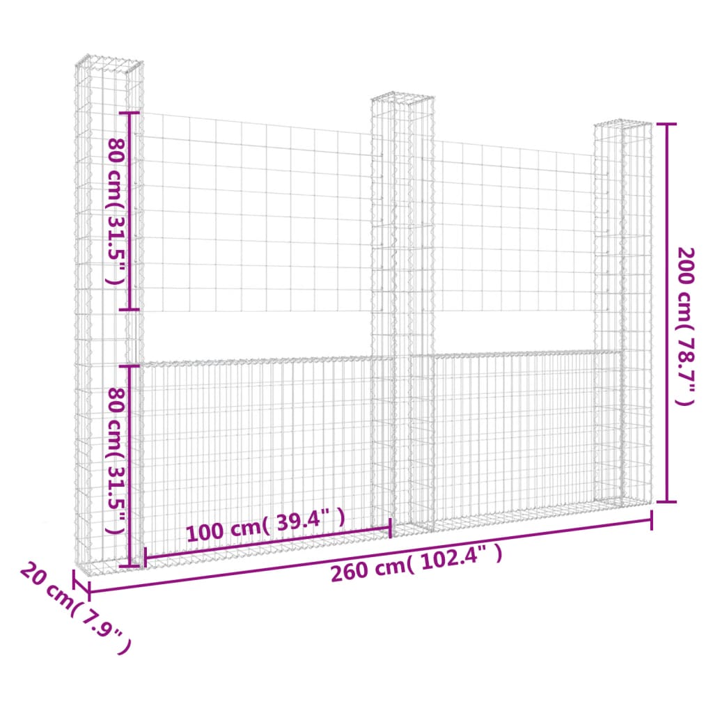 Gabionenkorb U-Form mit 3 Säulen Eisen 260x20x200 cm