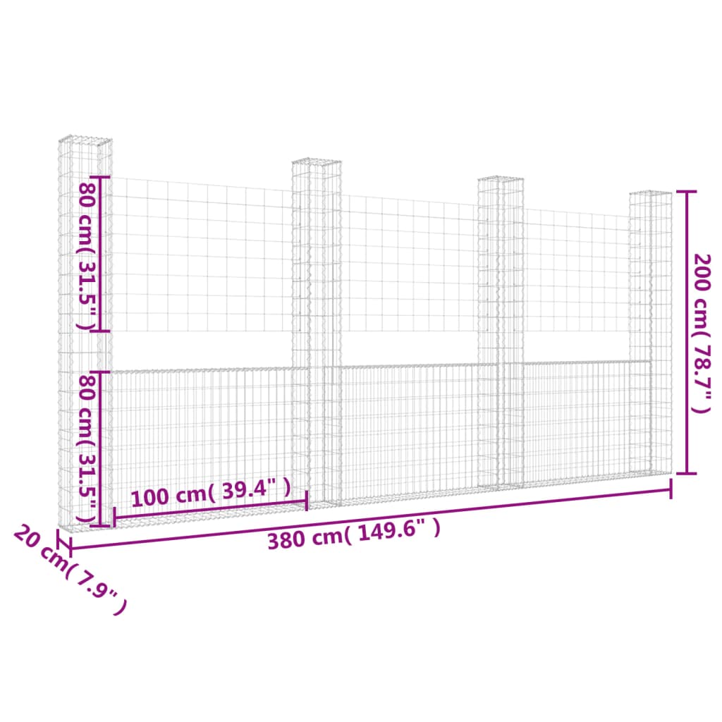 Gabionenkorb U-Form mit 4 Säulen Eisen 380x20x200 cm