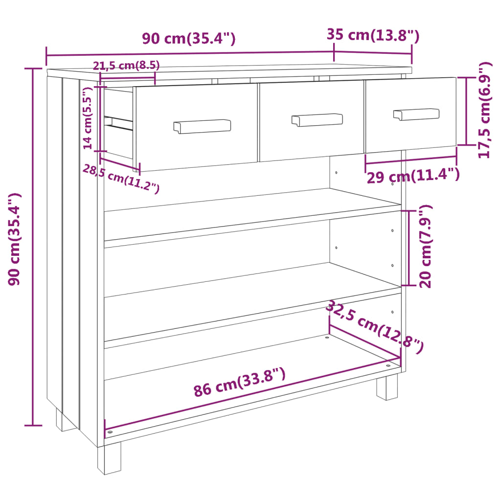 Konsolbord HAMAR honningbrun 90x35x90 cm massiv fyrretræ