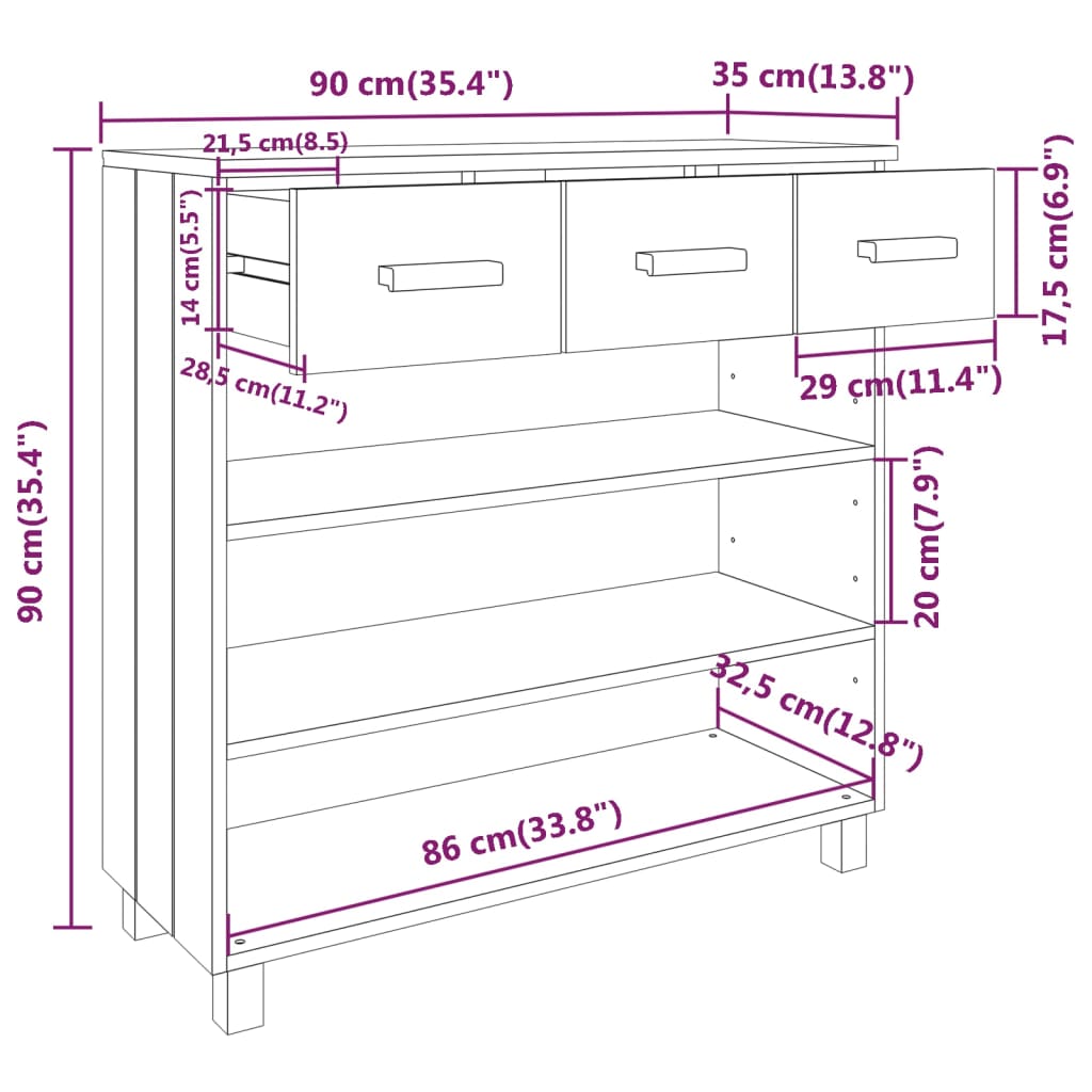 Konsolbord HAMAR mørkegrå 90x35x90 cm massiv fyrretræ