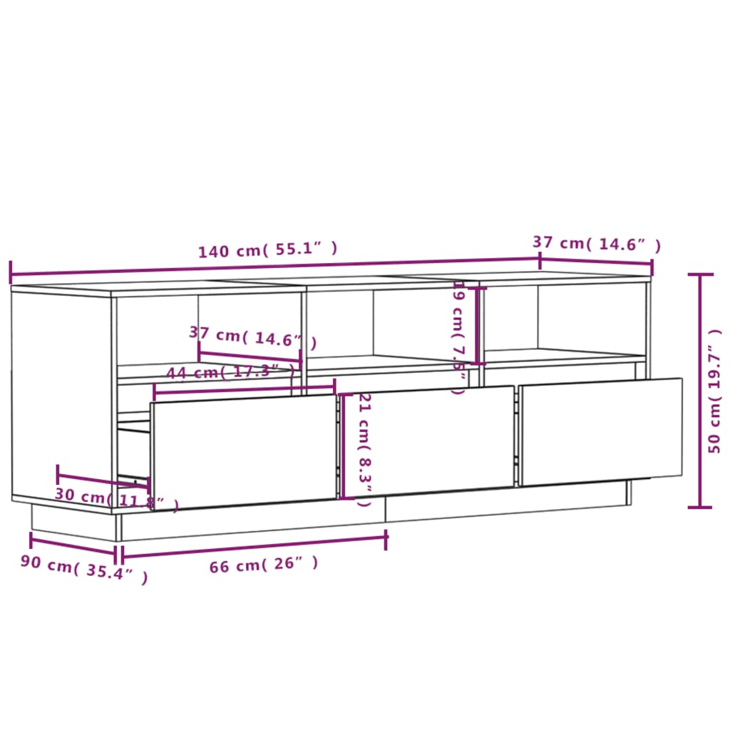 TV-skab Hvid 140x37x50 cm Massiv Fyr