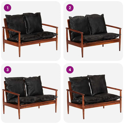 2-Sitzer-Sofa Schwarz Echtleder und Massivholz Akazie