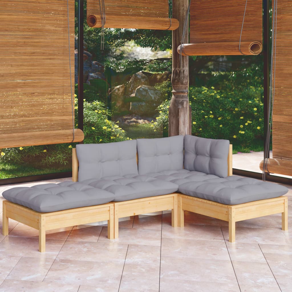 4-tlg. Garten-Lounge-Set mit Grauen Kissen Kiefer Massivholz