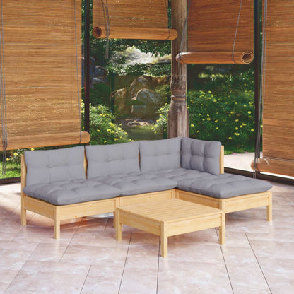 5-tlg. Garten-Lounge-Set mit Grauen Kissen Kiefernholz