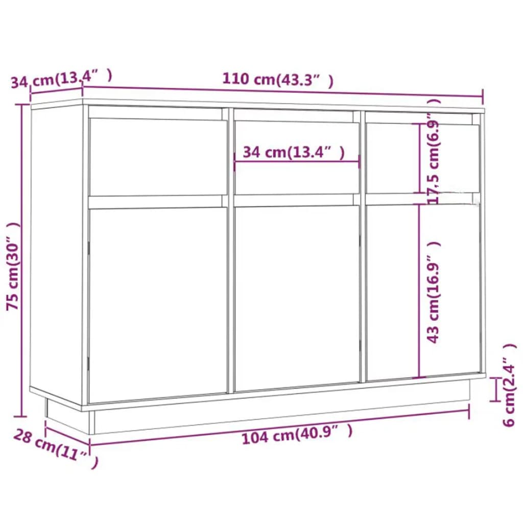 Skænk 110x34x75 cm massiv fyrretræ