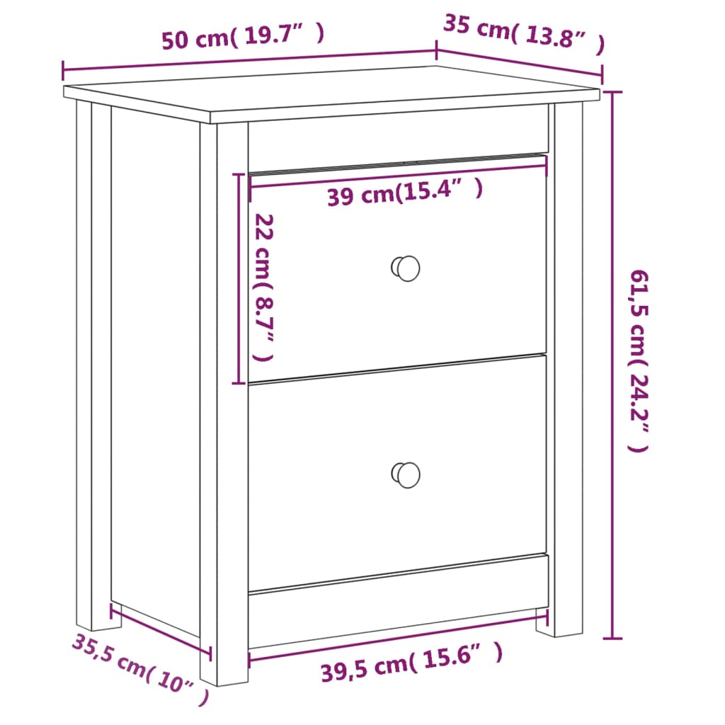 Sengebord 50x35x61,5 cm massivt fyrretræ