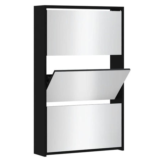 Schuhschrank mit Spiegel 3-lagig Schwarz 63x17x102,5 cm