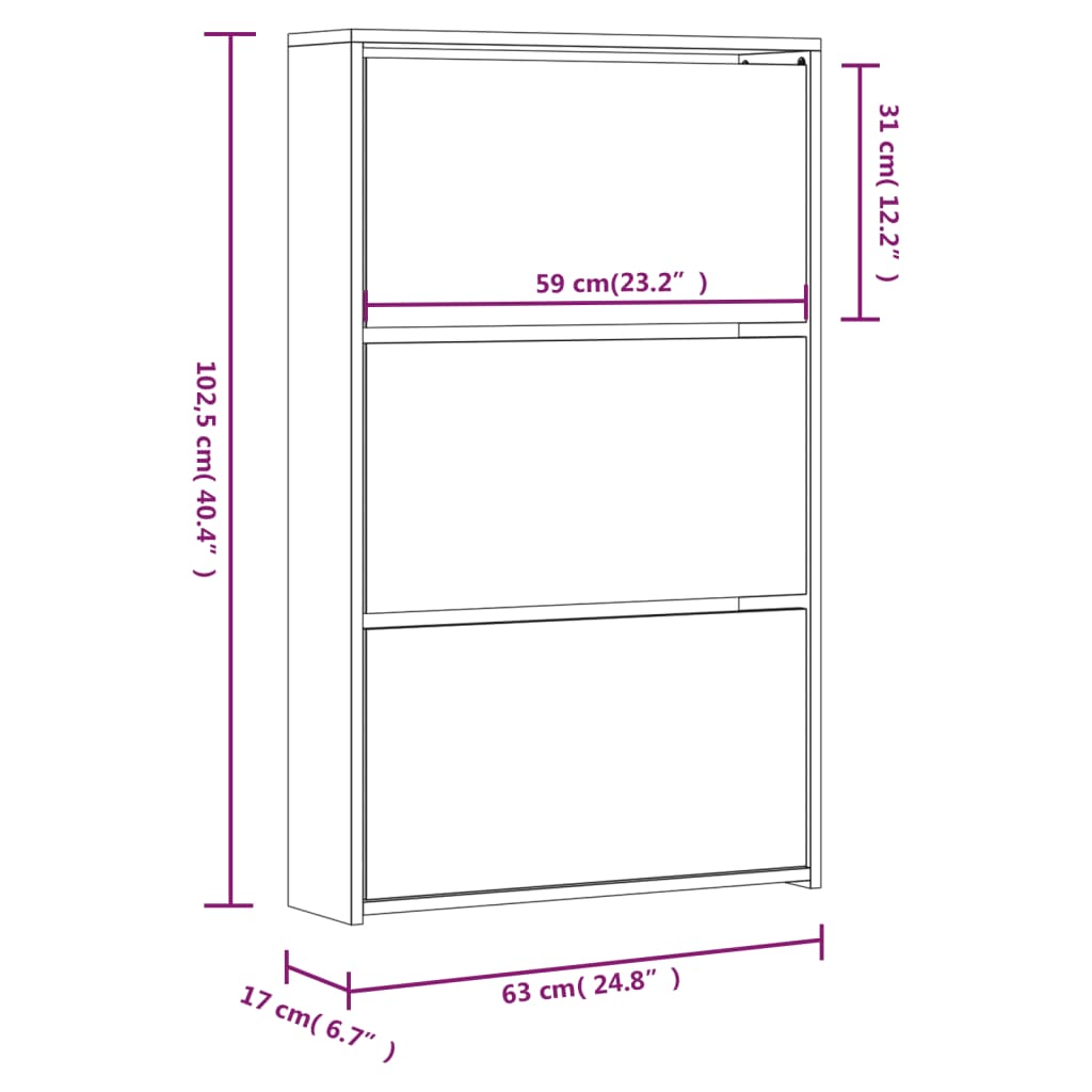 Schuhschrank mit Spiegel 3-lagig Hochglanzweiß 63x17x102,5 cm
