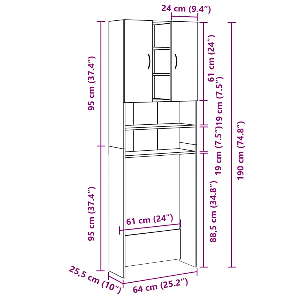 Waschmaschinenschrank Braun Eichen-Optik 64x25,5x190 cm