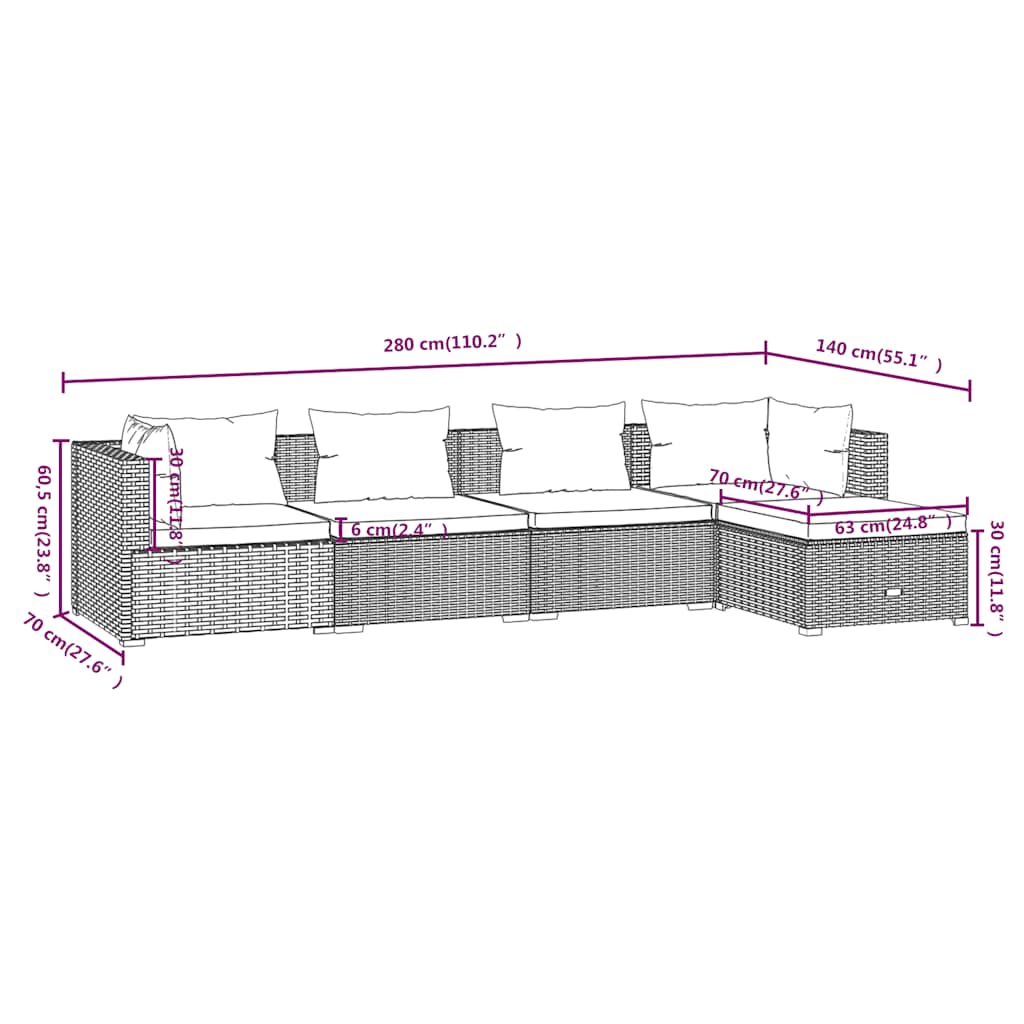 5-tlg. Garten-Lounge-Set mit Kissen Poly Rattan Schwarz